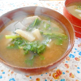 まびき菜と里芋、こんにゃくの味噌汁